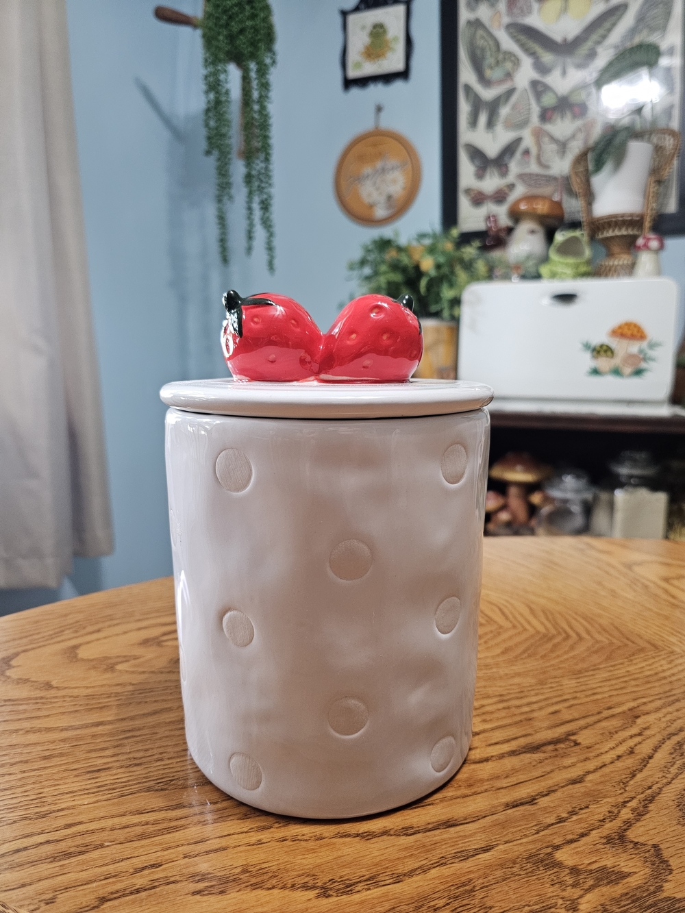 Ceramic Red Strawberry Garden Cream Polka Dot Canister Berry Knob Cottagecore